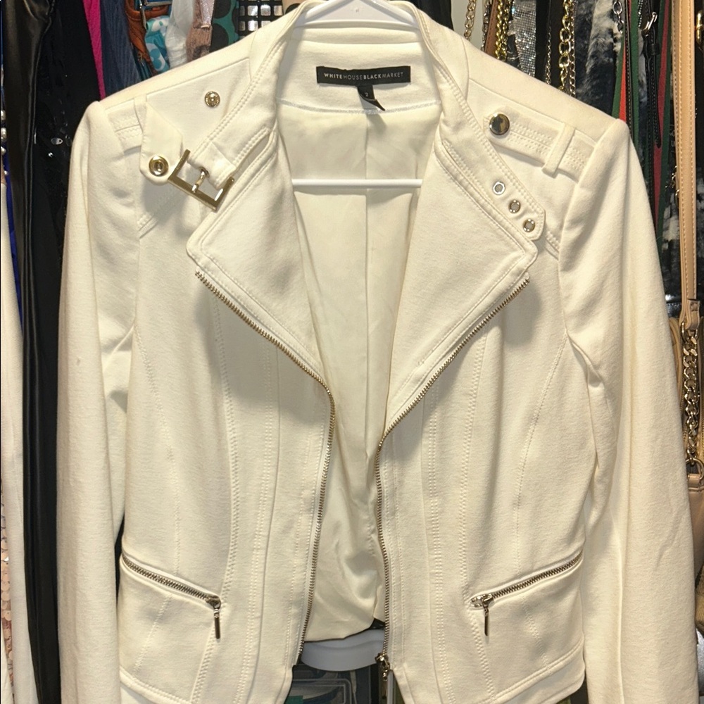 White House Black Market Cream Leather Jacket with Gold Accents